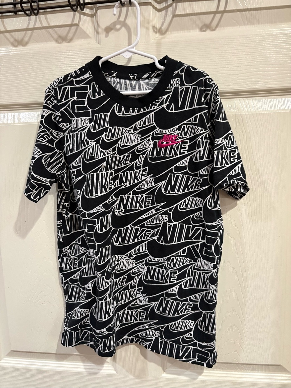 Nike Black & White All-Over Logo Tee with Pink Swoosh